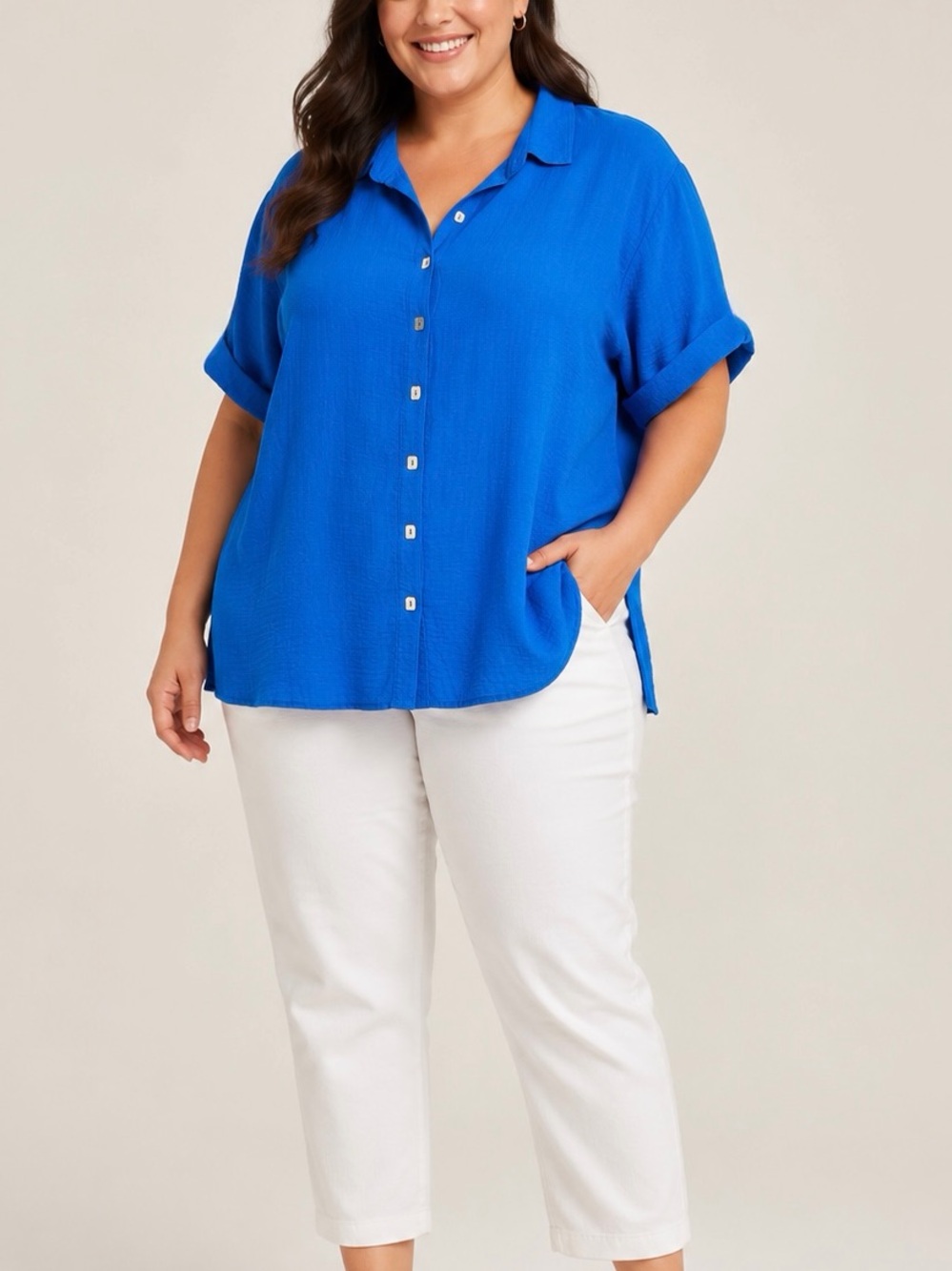 John Mark Plus 2X Blue Button Up Top Back Zip Rayon Nylon Blouse